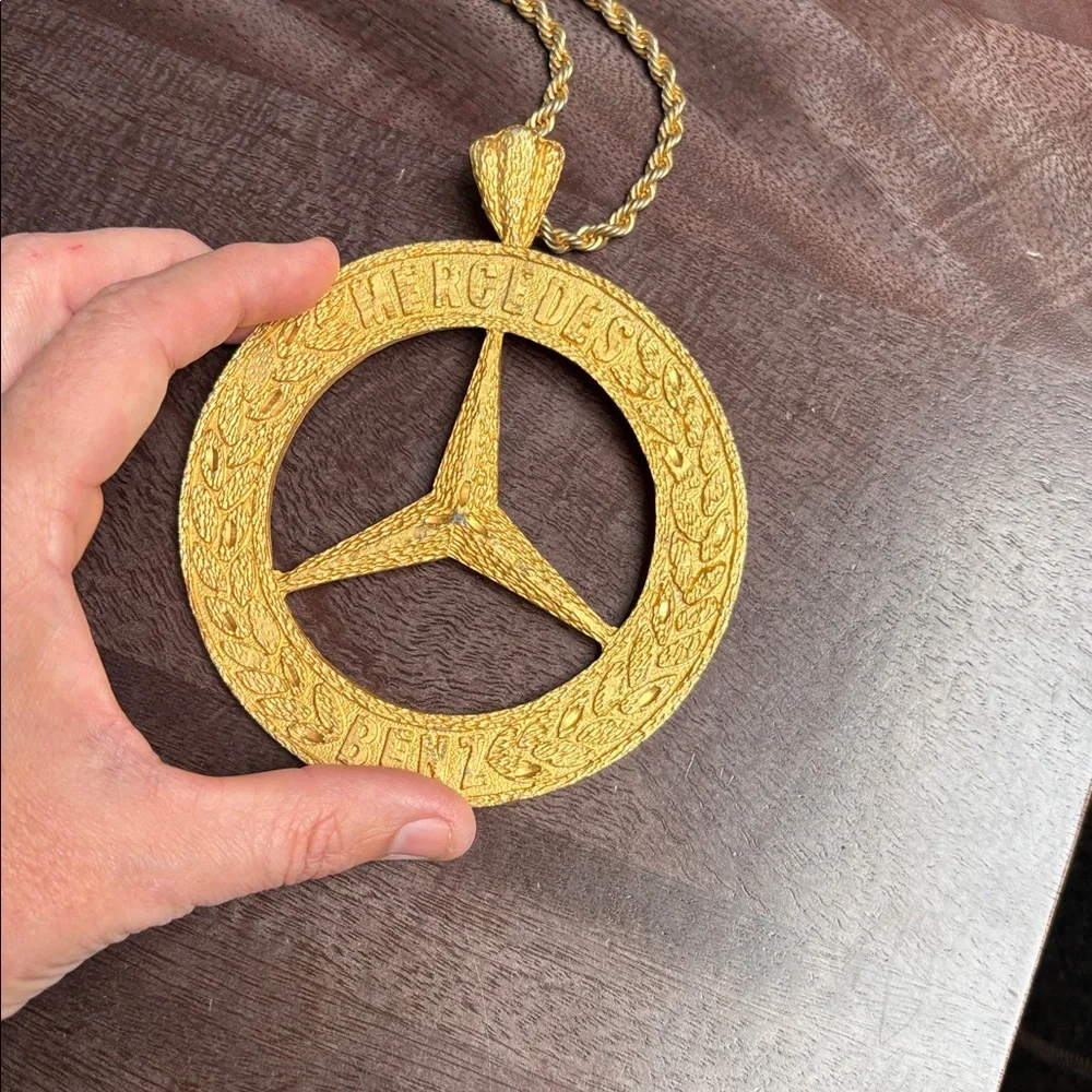 Gold Metal Mercedes Benz Logo Pendant Medallion and Chain Necklace